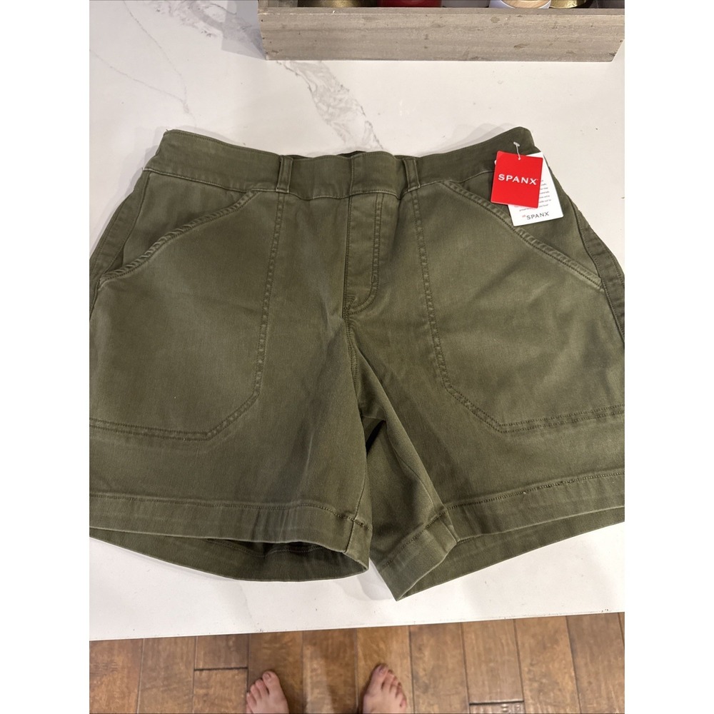Spanx 6 Inch Stretch Twill Shorts L Olive Green Comfort Athleisure